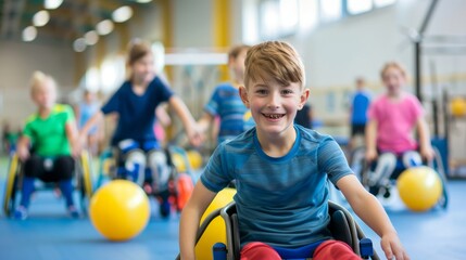 A group of handicapped children participating in a physical education class with adaptive sports equipment. The gym is equipped with accessible features, and the children are actively engaging in