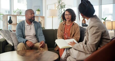 Marriage counseling, therapy and couple talking on sofa for divorce guidance, healing and advice for relationship. Psychology, support and people with counselor for discussion, consultation and tips