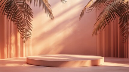 Fototapeta premium Elegant minimalistic podium with palm leaves casting shadows in a serene pastel setting, perfect for product display or event backdrop.