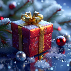 Red Frosty Christmas Gift Box Present Detailed 