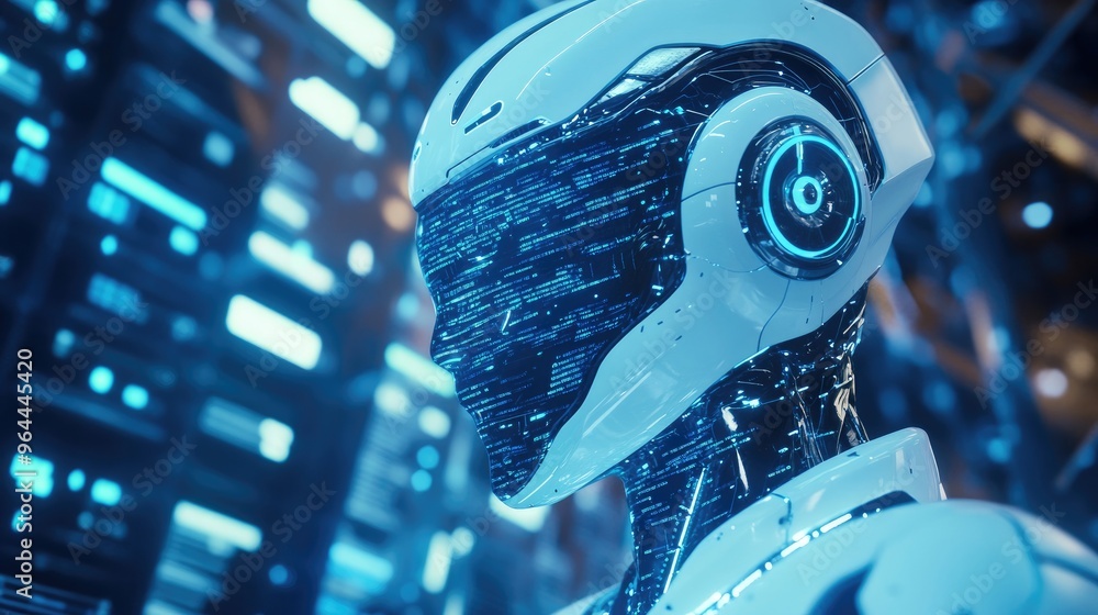 Poster futuristic ai robot analyzing data streams in a high-tech environment, representing cutting-edge inn