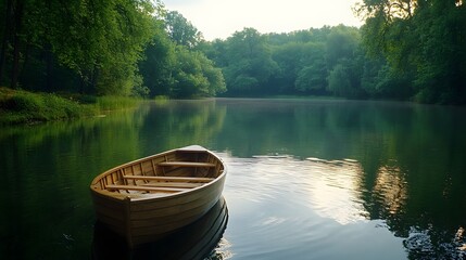 Obraz premium A single rowboat drifting on a quiet pond surrounded by lush greenery. Ripples spread out from the oars, and the water is still, creating a tranquil atmosphere.