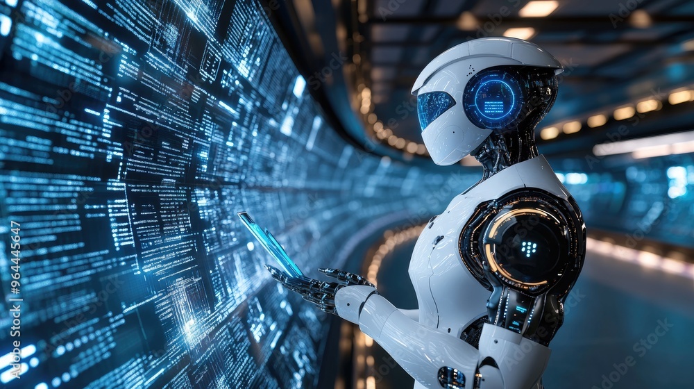 Poster futuristic ai robot analyzing data streams in a high-tech environment, representing cutting-edge inn