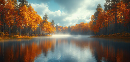 Fototapeta premium Morning at the lake with fog hanging over the water, surrounded by colorful autumn trees.
