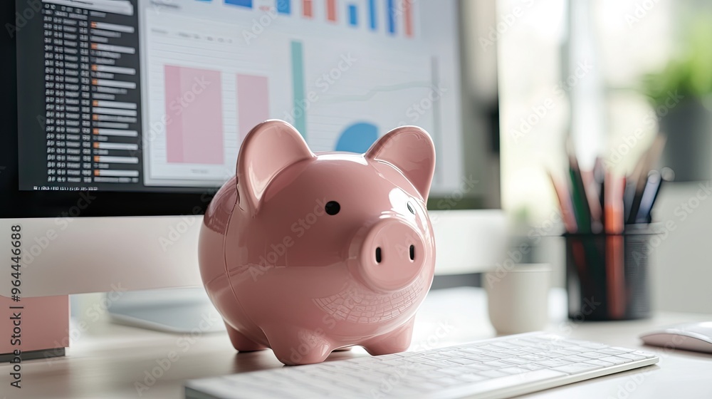 Poster a pink piggy bank sitting on a desk with a computer screen displaying a budget, symbolizing digital 