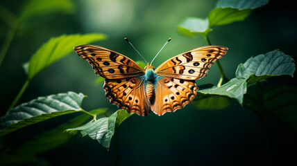 Obraz premium colorful butterfly with orange wings perched on a green leaf