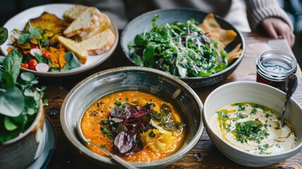 Healthy Vegetarian Meal with Fresh Salads, Soup, and kelp-based dishes,