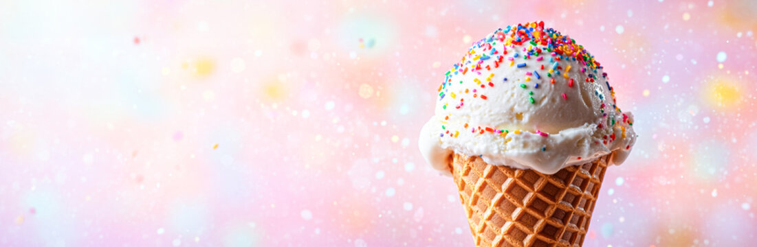 A white ice cream cone with rainbow sprinkles on top