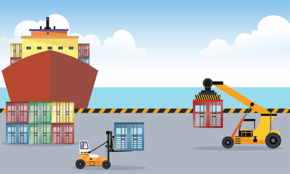 container handler forklift and container reach stacker truck at the seaport dock vector illustration