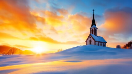 Obraz premium wintery landscape with a snow-covered church steeple silhouetted against a golden sunset, creating a serene and peaceful atmosphere, with ample copy space for text