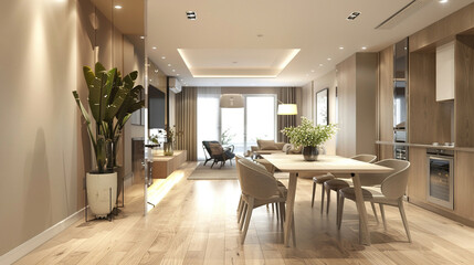 The contemporary dining room with minimalist style. white walls paired with natural wooden floor. airy and bright ambiance.