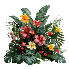 Lush Tropical Foliage with Colorful Flowers Isolated on Transprent Background