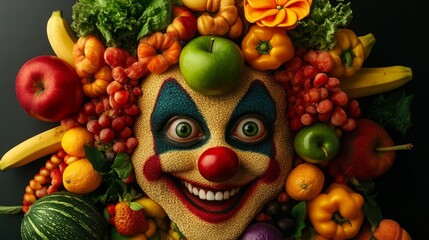 A whimsical clown illustration adorned with colorful fruits and vegetables. This creative art blends humor and healthy eating. Perfect for food-related designs and entertainment themes. AI