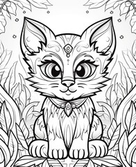 Naklejka premium Cute fantasy cat illustration with ornate decorations and intricate patterns, designed as a black and white coloring page for children or adults
