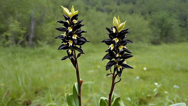 Black Vanilla Orchid -Nigritella nigra-, Carinthia, Austria landscape green grass background,