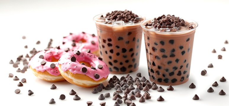 Two cups of chocolate milk tea with boba pearls and chocolate chips on top. Three pink glazed donuts with chocolate chips in the background. Delicious and refreshing drink.