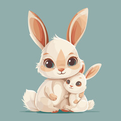 Fototapeta premium Mom bunny hugging her baby bunny cartoon style vector illustration