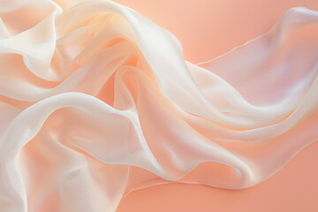 Fototapeta premium Delicate white chiffon fabric, soft flowing texture on peach background