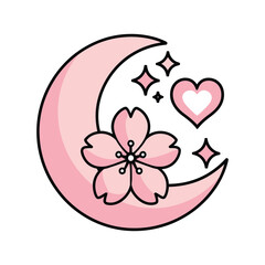 Crescent moon with sakura flower and heart