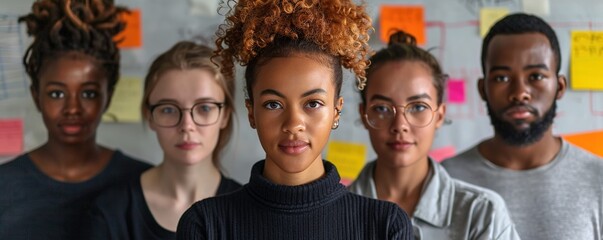 A group of colleagues with determined expressions, brainstorming ideas on a whiteboard with markers and sticky notes against a white backdrop.