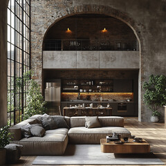 Interior of a room. Modern living space in a loft. Living room in a minimalist design.