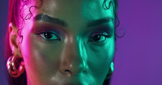 Face, makeup and woman with skincare, neon and dermatology on purple studio background. Portrait, person and model with confidence, pride and cosmetics with grooming routine, elegant girl and beauty