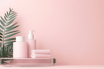 Frosted glass podium, pastel backdrop, soothing skincare scene, 3D illustration