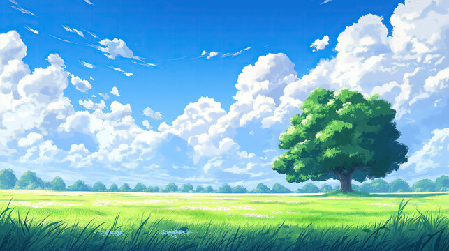 cartoon anime drawing of green summer grass meadow fields with one single tree and blue cloud sky