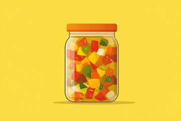 A glass jar filled with colorful diced vegetables,  preserved and ready to eat.