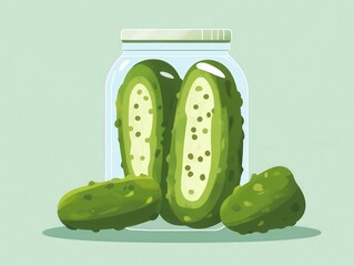 A glass jar filled with pickled cucumbers, with three more cucumbers lying next to it.