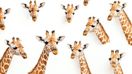 a whole view of multiple giraffe calves on isolated white background, view from above, editorial photography