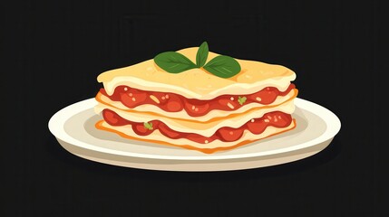 A plate of freshly baked lasagna with a garnish of basil.