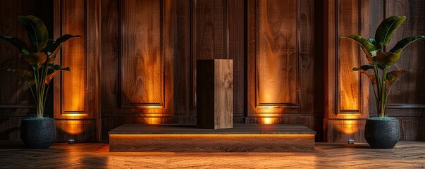 Wooden pedestal with a rich, dark finish, illuminated by warm, soft lighting.
