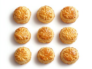 a whole view of multiple scones on isolated white background, view from above, editorial photography