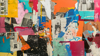 Collage of various pieces includes newspaper clip, torn paper elements, paint splatters, and vibrant hues, layers upon layers of texture showing abstract expressionist piece.