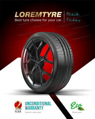 Tyre poster. Car black rubbe wheel with rim.