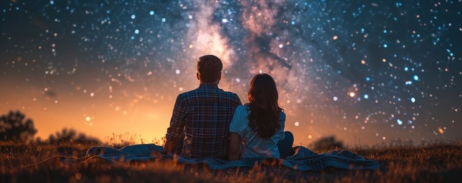 A couple lying on a picnic blanket, looking up at the stars with expressions of wonder against a white grass field.