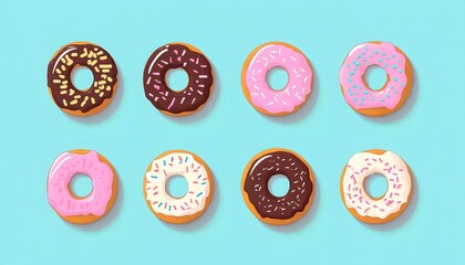Fototapeta premium Assortment of colorful donuts with various toppings on a blue background.