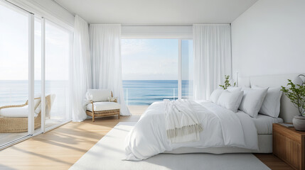 A beautiful bedroom with hardwood floors, bright and airy. It features clean white linens, cozy throw pillows, and a stunning ocean view.