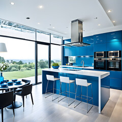 Blue Modern House Interior Kitchen Realistic 