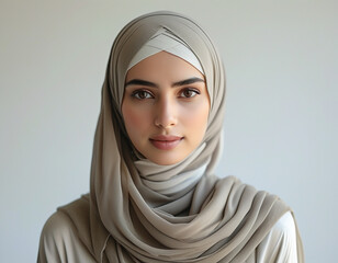 Attractive muslim woman in hijab looking away over gray background