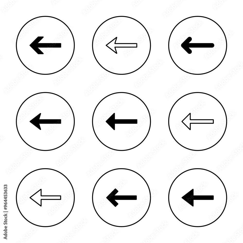 Poster arrow icon set on circle line. left arrow concept