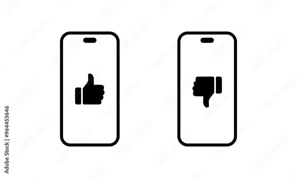 Poster hand thumb up and down on smartphone screen icon. like and dislike gesture on phone display concept
