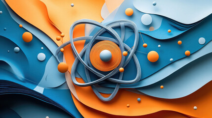 paper cut atom with electrons on color background, science, nuclear physics, atomic model, nucleus, scientific design, school, education, volumetric figure, geometric ornament, abstract wallpaper, art