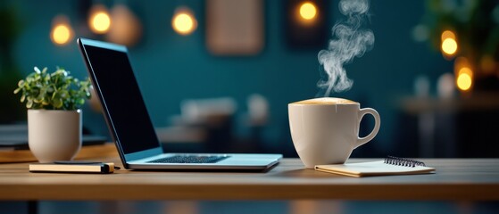 Naklejka premium Cozy Modern Coffee Café Atmosphere with Laptop, Coffee Cups, and Dark Wood Paneling