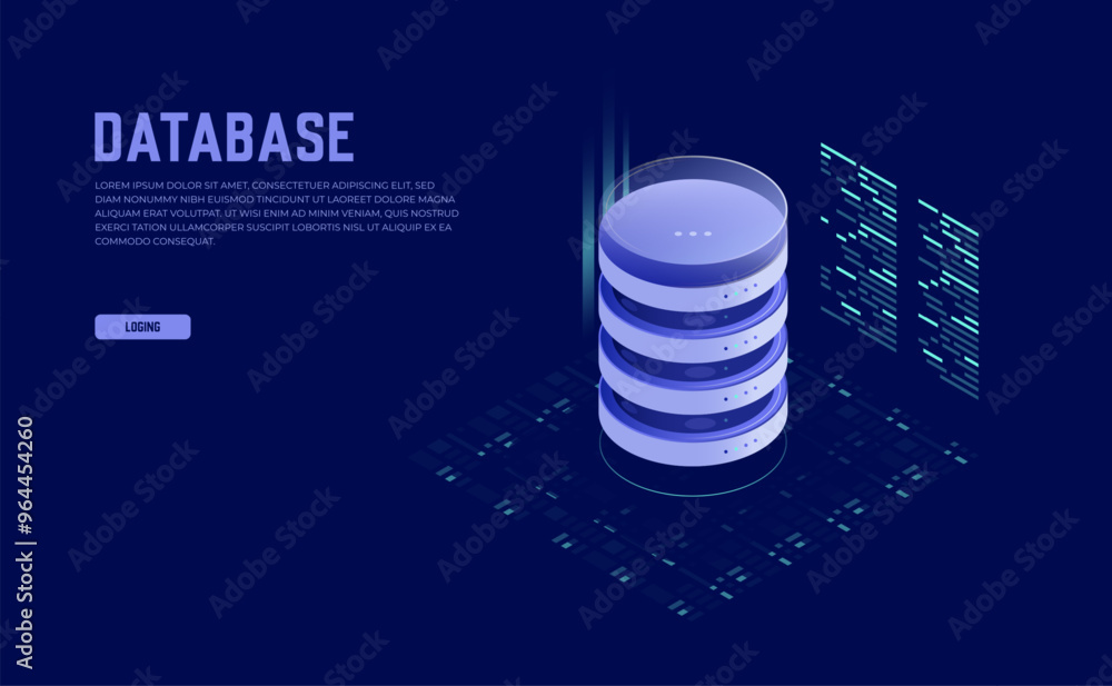 Poster isometric data center icon: 3d vector of cloud data storage, databases, and server room