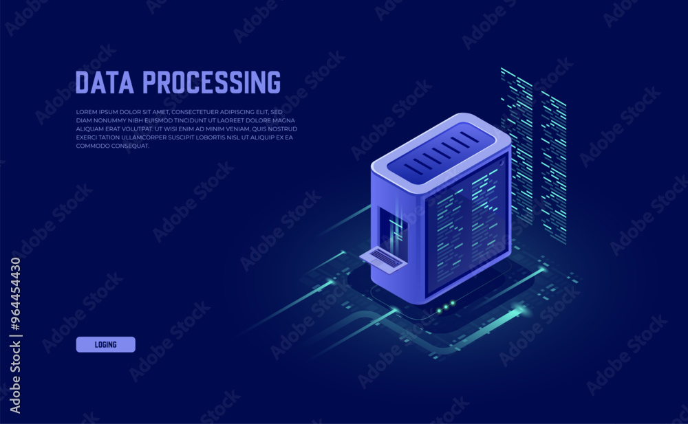 Aufkleber isometric server room and big data processing concept: datacenter, database icon, and digital inform