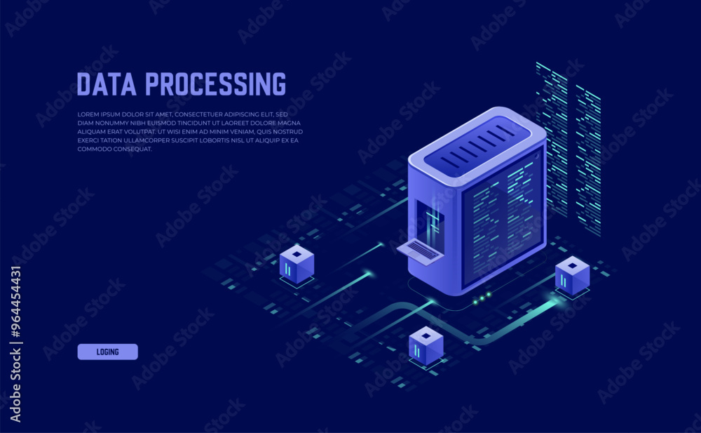 Poster isometric 3d vector of data network management: cloud storage, business devices, and synchronization