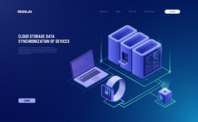 Data Network Management Concept: Isometric Vector of Business Servers, Cloud Storage, and Device Synchronization, Landing page