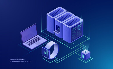Cloud Storage and Data Network Management: 3D Isometric Map with Business Servers and Device Synchronization